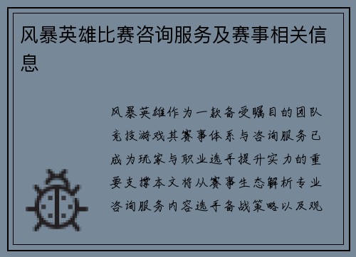 风暴英雄比赛咨询服务及赛事相关信息